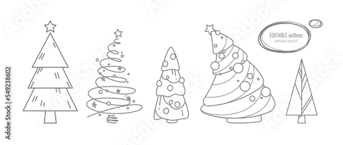 Vector set of contour Christmas trees in festive decoration with glass balls, star. Editable outline. Holiday art element for festive layout design, fashion textile prints, packaging, greeting card.