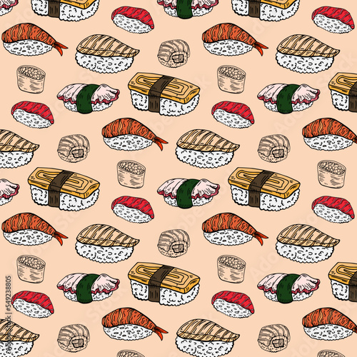 seamless sushi and rolls pattern isolated on white background