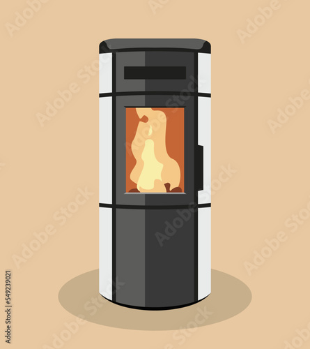 Modern and beautiful stove, pellet or wood, front view for illustration, flat design, vector