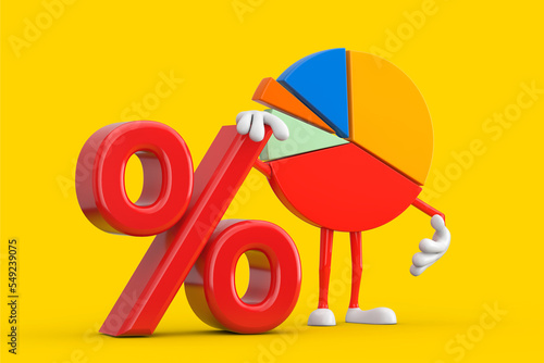 Info Graphics Business Pie Chart Character Person with Red Retail Percent Sale or Discount Sign. 3d Rendering © doomu