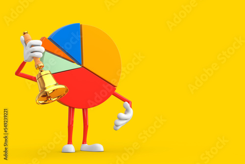 Info Graphics Business Pie Chart Character Person with Vintage Golden School Bell. 3d Rendering