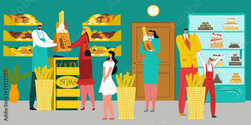 People buy bread at bakery, vector illustration. Cartoon man woman character with fresh pastry product stand near flat counter.