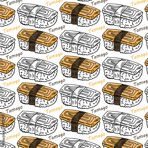 Seamless background with tamago sushi pattern. Tamago sushi. Japanese Food.