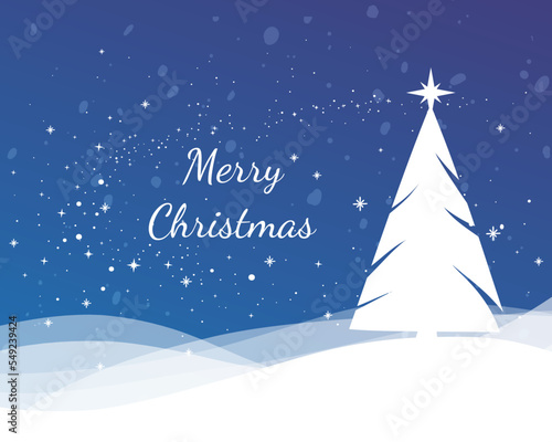 Christmas card with Christmas tree and snowflakes. Merry Christmas greeting cart  template Blue  violet  purple colour. Christmas tree  snowflakes  snow  magic sparkles