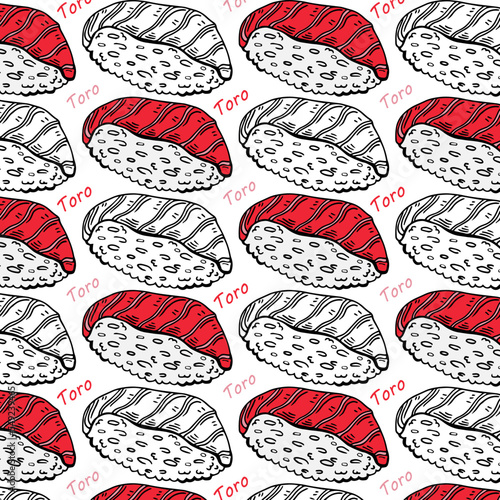 Seamless pattern japanese Maguro Toro sushi. white background. Vector