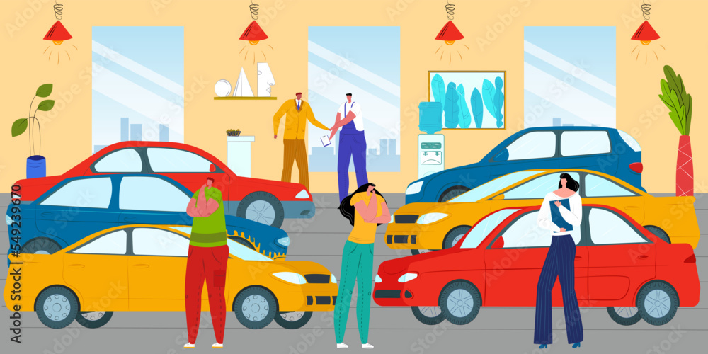 Naklejka premium Customer man woman at car showroom, vehicle automobile sale business, vector illustration. People buy auto at dealer shop, flat dealership service.