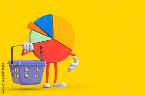 Info Graphics Business Pie Chart Character Person with Cartoon Shopping Basket. 3d Rendering © doomu