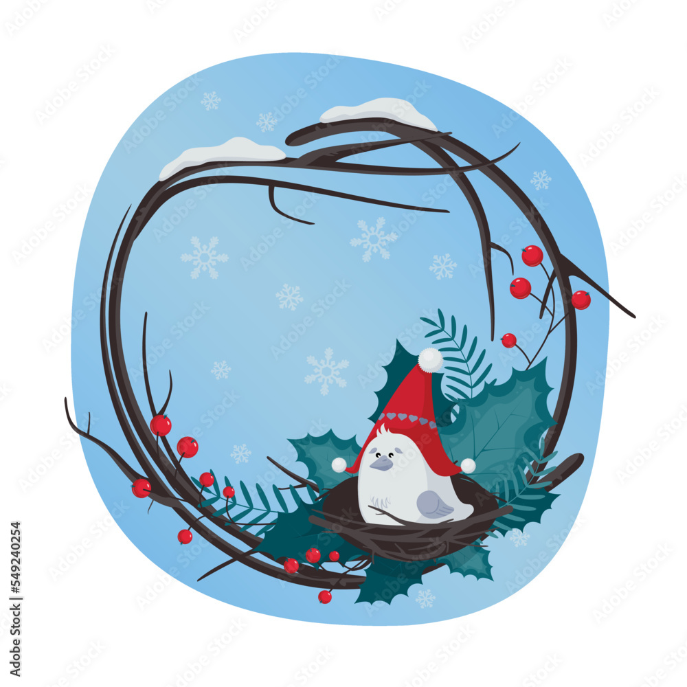 Christmas wreath with holly leaves and berries and bird in nest - winter vector illustration for christmas, new year Christmas wreath with holly leaves and berries and bird in nest - winter vector illustration for christmas, new year