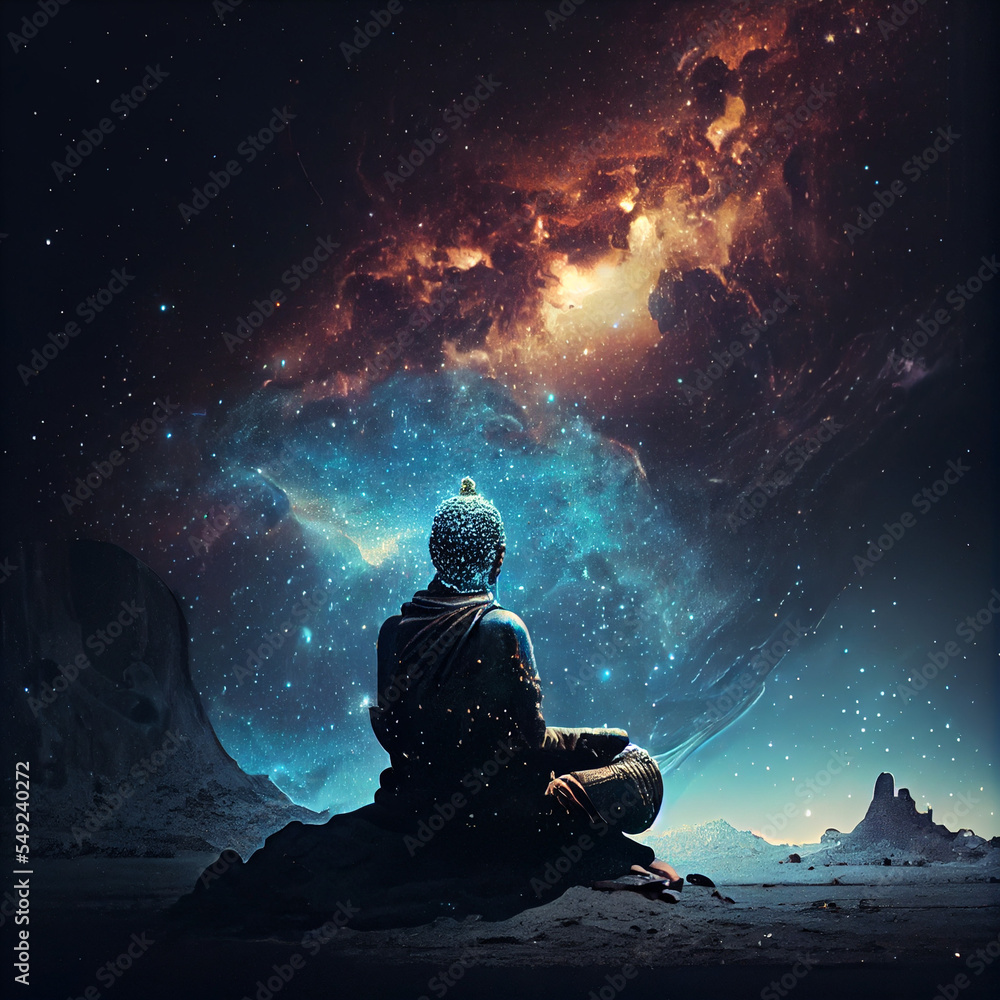 Buddha meditating in space - galaxies, stars, space dust, cosmic lights and planets
