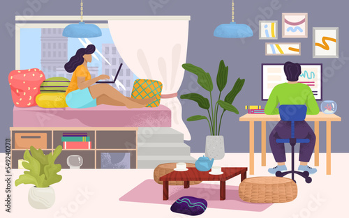 Home workplace, vector illustration. Man woman person character work with lap...