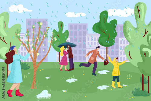 Rain in city park, people character use umbrella, vector illustration. Autumn...
