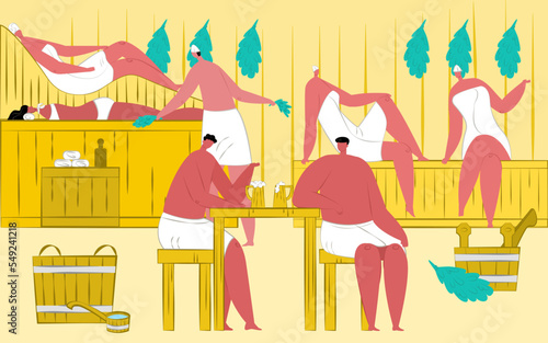 Sauna vector illustration. Hot heat steam for man woman people in towel leisure, wellness relax for healthy body. Person relaxation with water bucket