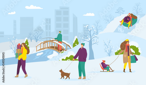 Winter city park, happy man woman character outdoor vector illustration. Chri...
