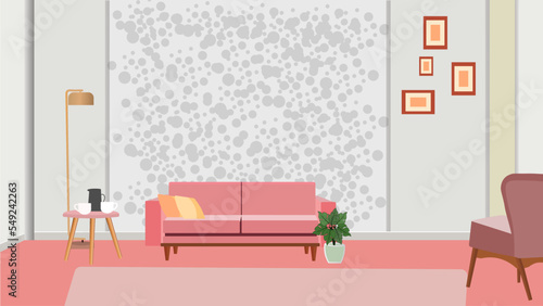 Furniture. Interior. Living room with sofa, table, lamp, pictures, window. Vector. The dining room and living room Vector illustration