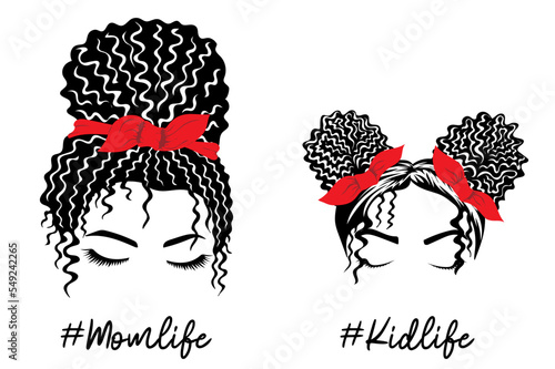Woman face and girl face with messy hair in a bun and long eyelashes. Messy Bun Mom Lifestyle. Messy Bun Girl Lifestyle. Vector illustration