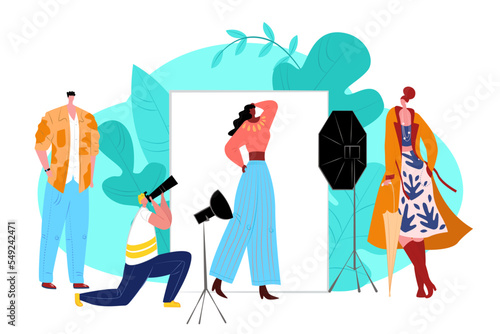 Fashion photographer, vector illustration. Professional people with camera make photography for woman character model in cartoon studio