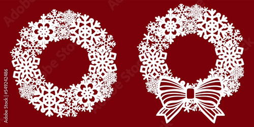 Christmas openwork winter wreath of snowflakes. Template for laser cutting of paper, cardboard, wood, metal. For the design of Christmas and New Year decorations, Christmas tree decorations, cards, st