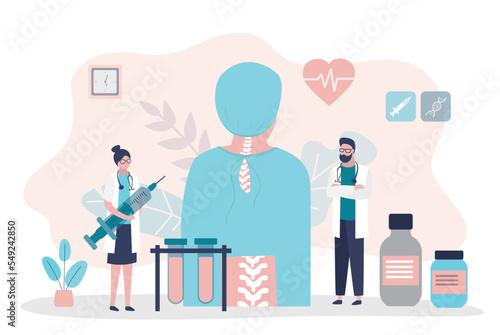 Woman before labor, huge faceless character and team of doctors. Spinal injection. Phase of epidural anesthesia. Clinic treatment, healthcare. Patient before surgery.