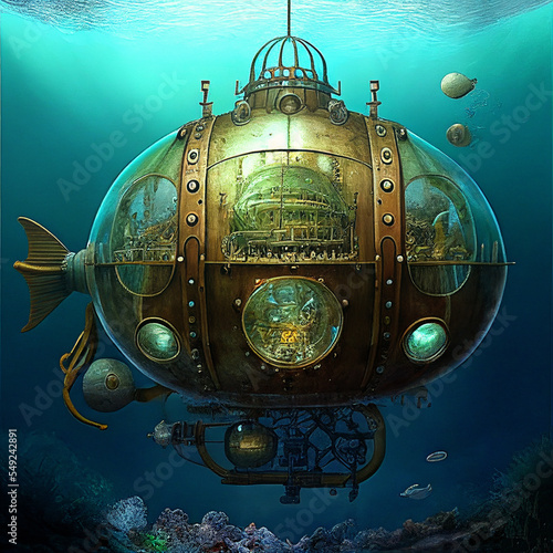 Fototapeta Jules Verne style fantasy: adventure and exploration of the depth sea with a ste