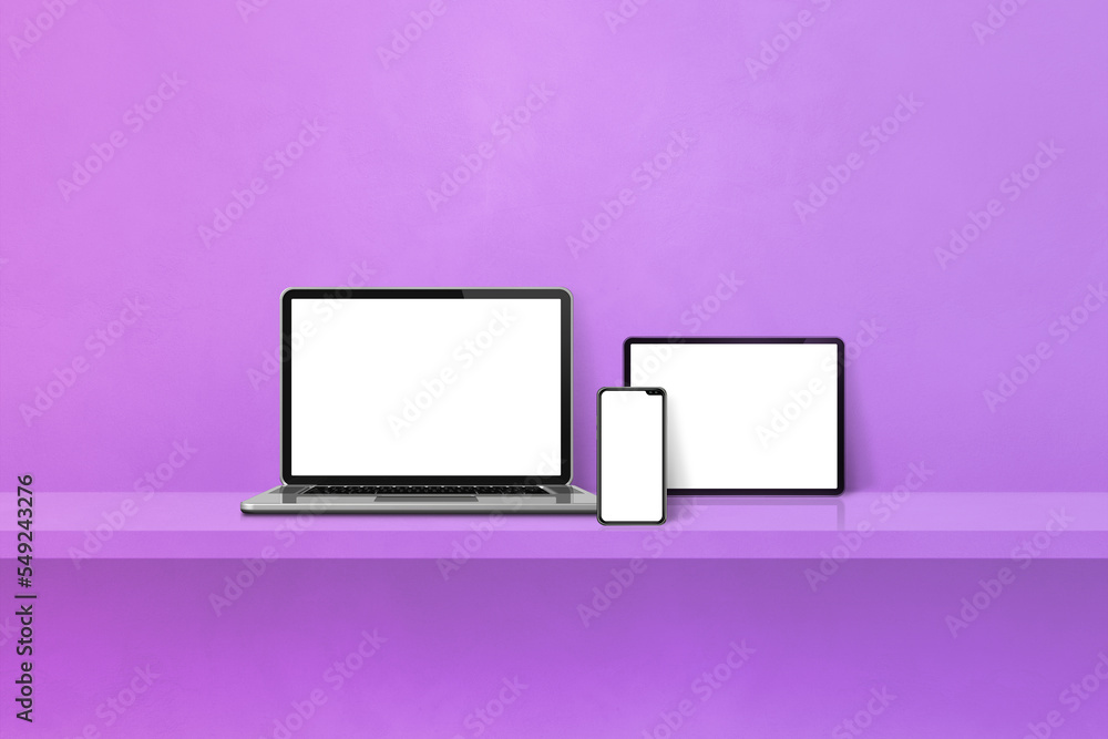 Laptop, mobile phone and digital tablet pc on purple wall shelf. Horizontal background Laptop, mobile phone and digital tablet pc on purple wall shelf. Horizontal background