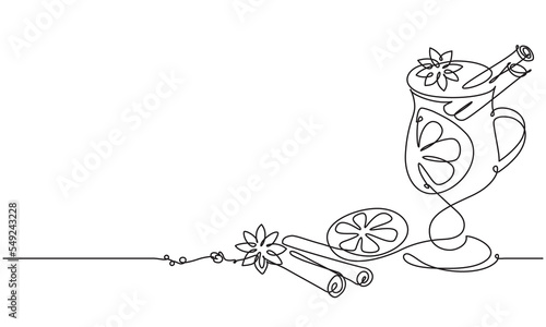 Mulled wine. Still life. Sketch. Draw a continuous line. Decor. Glass of wine and cinnamon, anise, citrus. Christmas drink