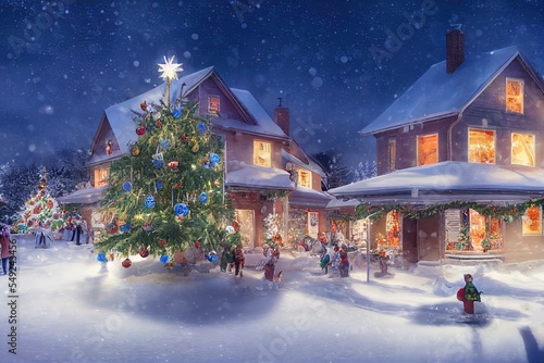 illustration winter atmosphere on christmas eve in a village with a fir tree