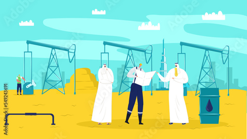 Businessman arabic people at oil industry, flat business concept vector illustration. Man person character near gas, petrol production