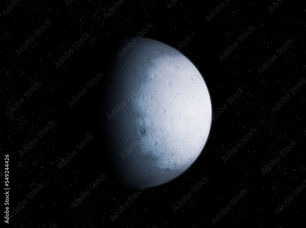 Ice satellite covered with craters in space. A frozen moon with an ocean below the surface. Ice satellite covered with craters in space. A frozen moon with an ocean below the surface.