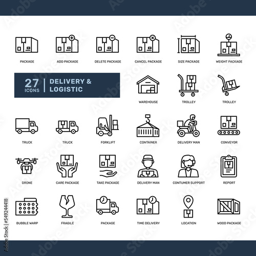 delivery and logistic package commerce shipping detailed outline icon set. simple vector illustration
