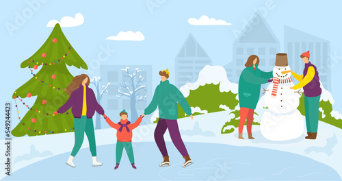 Winter time, cartoon people have fun vector illustration. Active christmas ho...