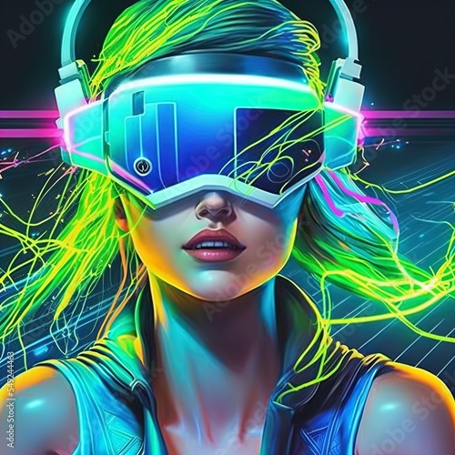 Illustration of person wearing VR headset, cyberpunk vibe. 