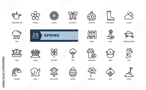 spring flower season activity detailed outline icon set. simple vector illustration