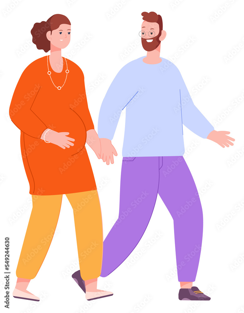 Happy couple walking. Man and pregnant woman holding hands Happy couple walking. Man and pregnant woman holding hands