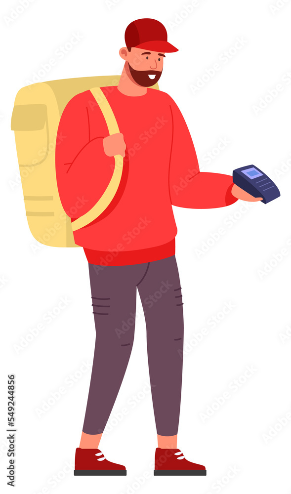 Delivery guy holding card terminal. Courier taking payment Delivery guy holding card terminal. Courier taking payment