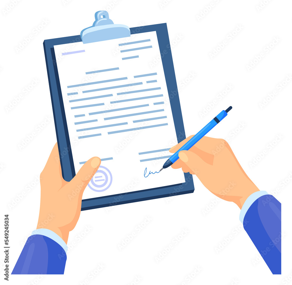 Hands writing signature on document. Signing contract concept - obrazy, fototapety, plakaty 