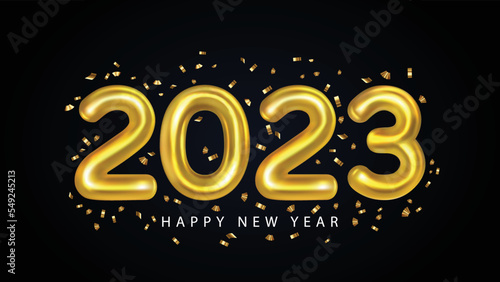 Happy New Year 2023 With Gold Foil Balloons on Black Background. Greeting card. Vector illustration EPS10