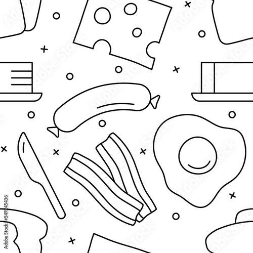 Seamless pattern on white background with fried eggs, sausages, and bacon.