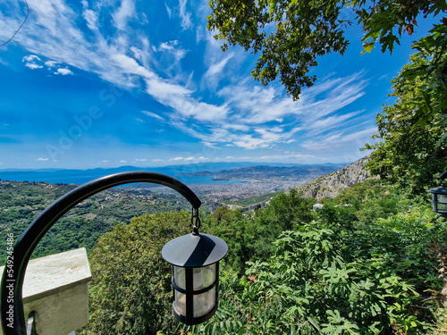 View of Volos seaside city from the traditional greek village of Makrinitsa on Pelion mountain in central Greece. photo