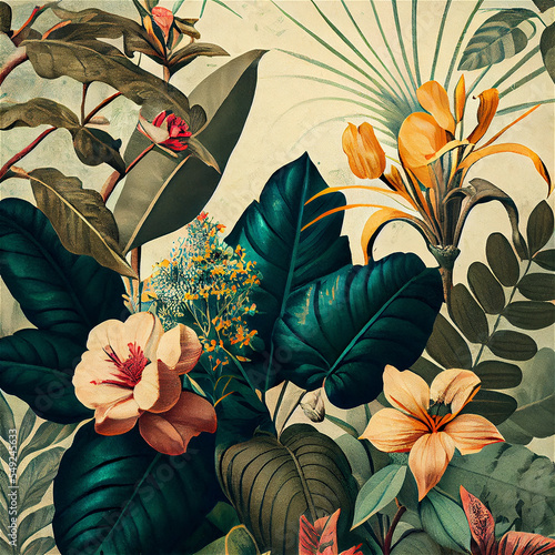 Tela Vintage botanic floral background