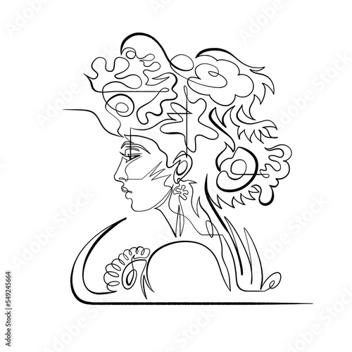 Water nymph woman head with flowers, corals and seaweed, One Line Drawing. Continuous Line vector portrait of mermaid