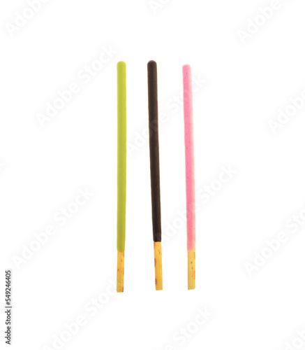 Biscuit stick mix coated on white background.