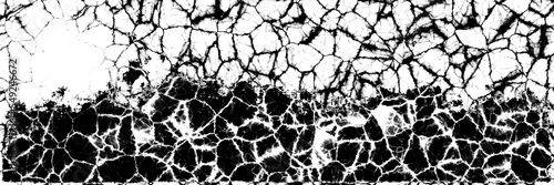 Abstract half monochrome cracked web panoramic banner with random black noise and  geometric shapes pattern. Black grunge rectangle splattered wave white shapes. Swoosh smudge shape	