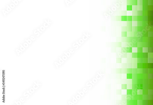 Abstract green grassy light white background with a grid of squares on the side to the right, mosaic, geometric pattern.
