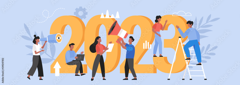 New Year 2023 trends, plans and growth business concept.  Modern vector illustration of people teamwork for web design