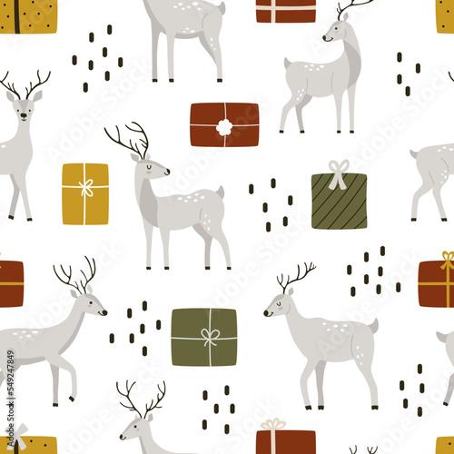 Cute hand-drawn deer with gift boxes in Scandinavian style. Seamless vector pattern with winter wild animal