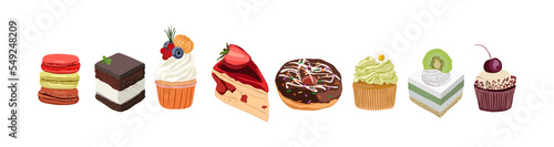 Pastry, cupcake, piece of cake, biscuits, macaroons decorated with berries and fruits. Set of sweet desserts with whipped cream, chocolate glaze. Realistic illustration on transparent background. PNG.
