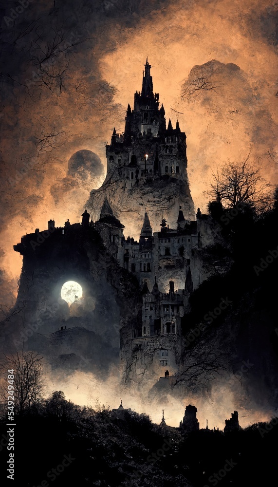 Gloomy night landscape with a castle and a big moon. Dracula's castle. A Night of Horrors.
