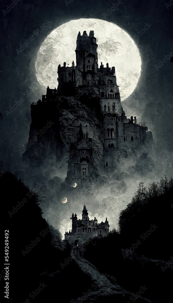 Gloomy night landscape with a castle and a big moon. Dracula's castle. A Night of Horrors.
