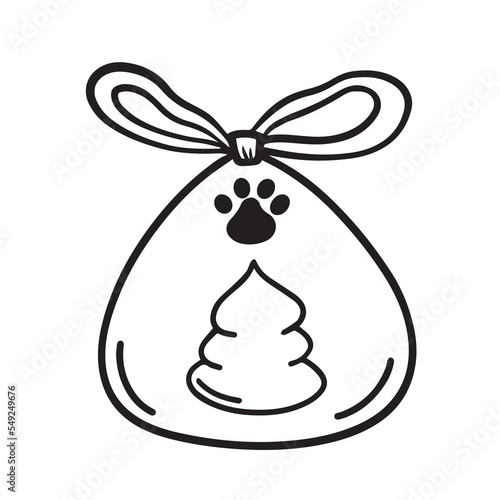 Dog pet poop plastic bag vector illustration icon with simple flat art style isolated on plain white background. Black and white monochrome animal cartoon feces drawing.