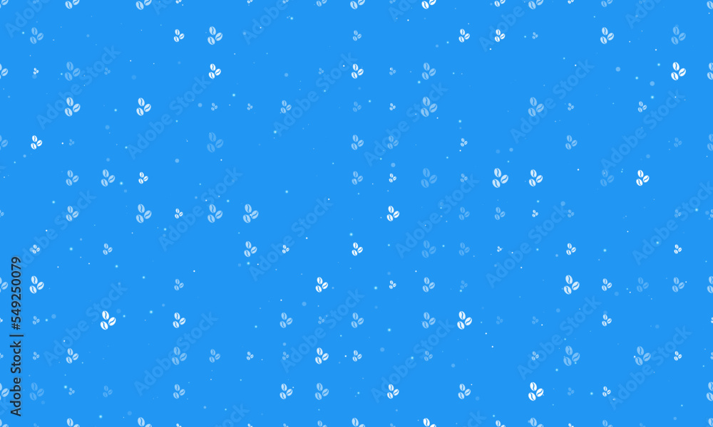 Seamless background pattern of evenly spaced white coffee beans symbols of different sizes and opacity. Vector illustration on blue background with stars